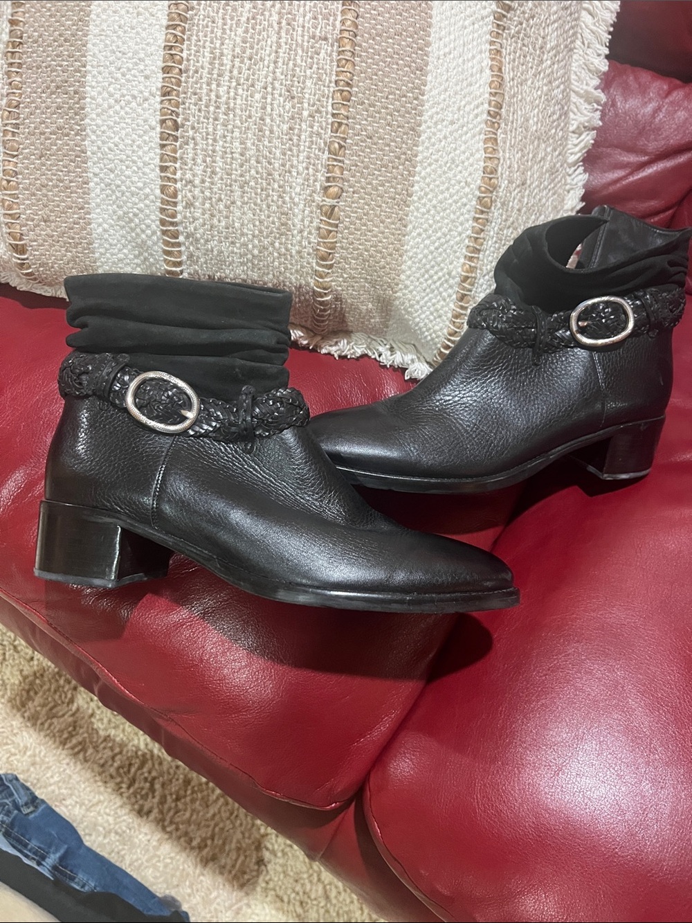 Brighton Black Leather Ankle Boots with Braided Strap and Buckle